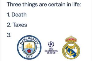 官方玩梗！曼城官推：人生三大确定之事，死亡、税收、欧冠vs皇马